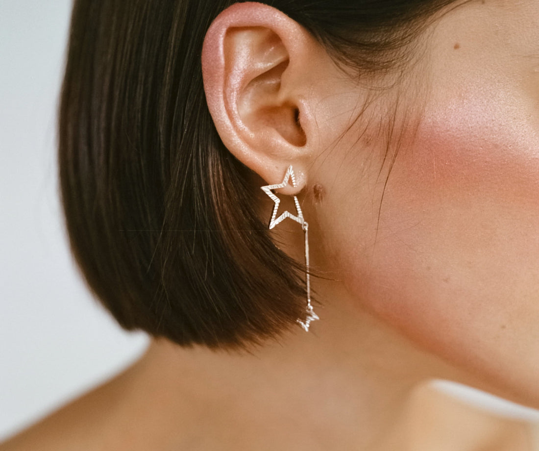 Disappearing Star and Moon Earrings Gold Texture - Venice Jewellery